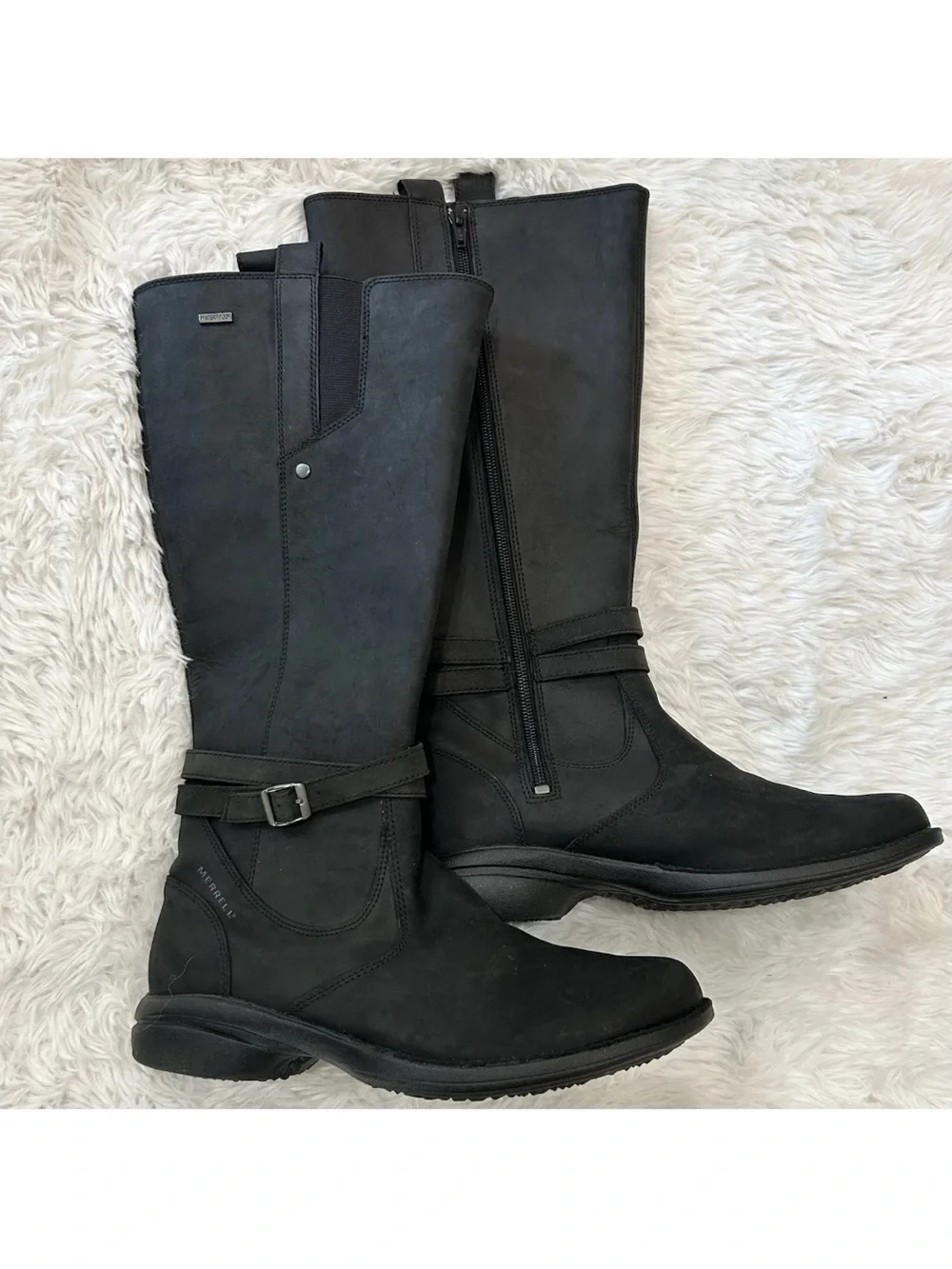 Merrell Tetra Strap Waterproof Leather Boots Womens Size 8.5 Black Zip Up Riding